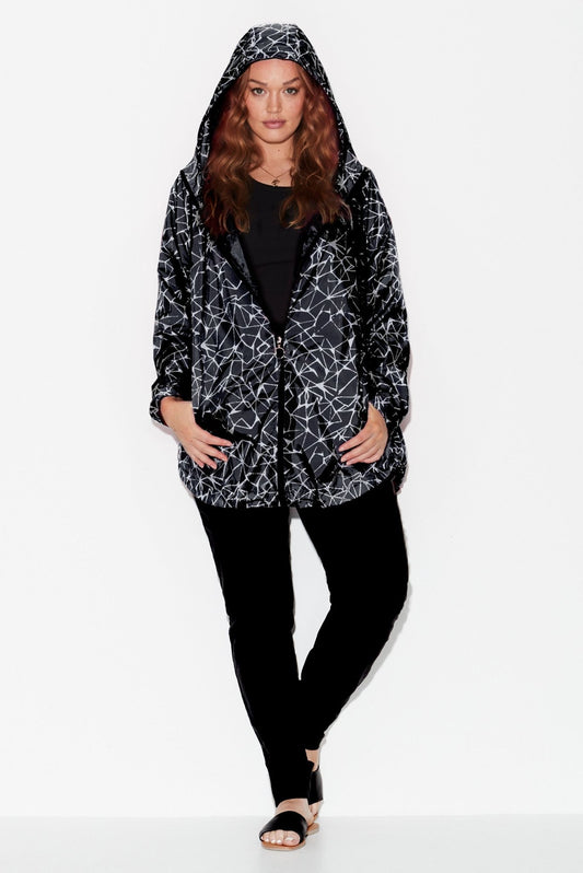 Electric Love Recycled Raincoat - Black Multi - 17 Sundays17 Sundaysmodel wears 17 Sundays plus size raincoat in electric love print
