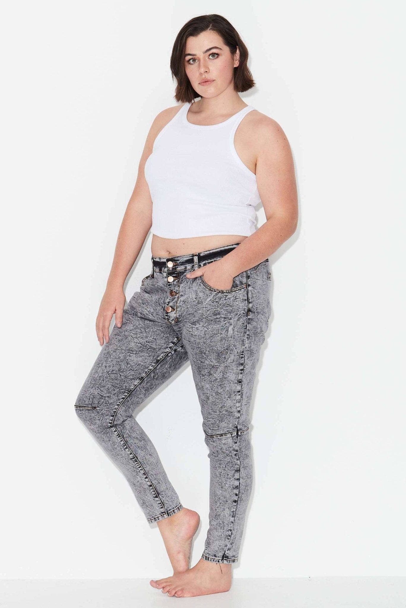 OUTSIDERS - Button Front Jeans - Grey Acid Wash - 17 Sundays17 SundaysOUTSIDERS - Button Front Jeans - Grey Acid Wash