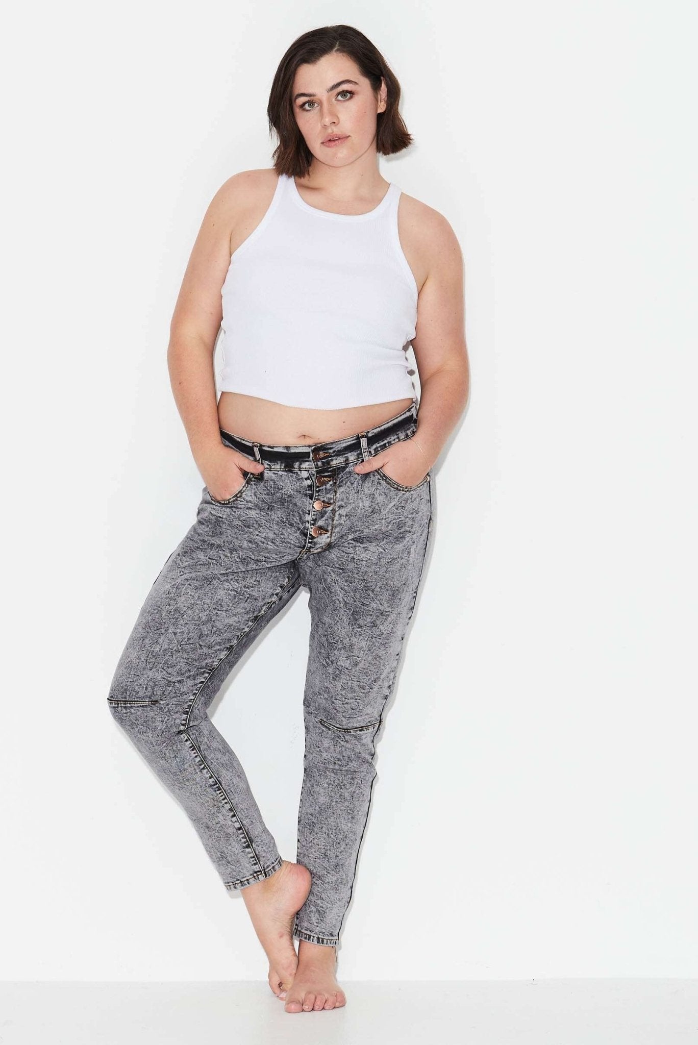 OUTSIDERS - Button Front Jeans - Grey Acid Wash - 17 Sundays17 SundaysOUTSIDERS - Button Front Jeans - Grey Acid Wash