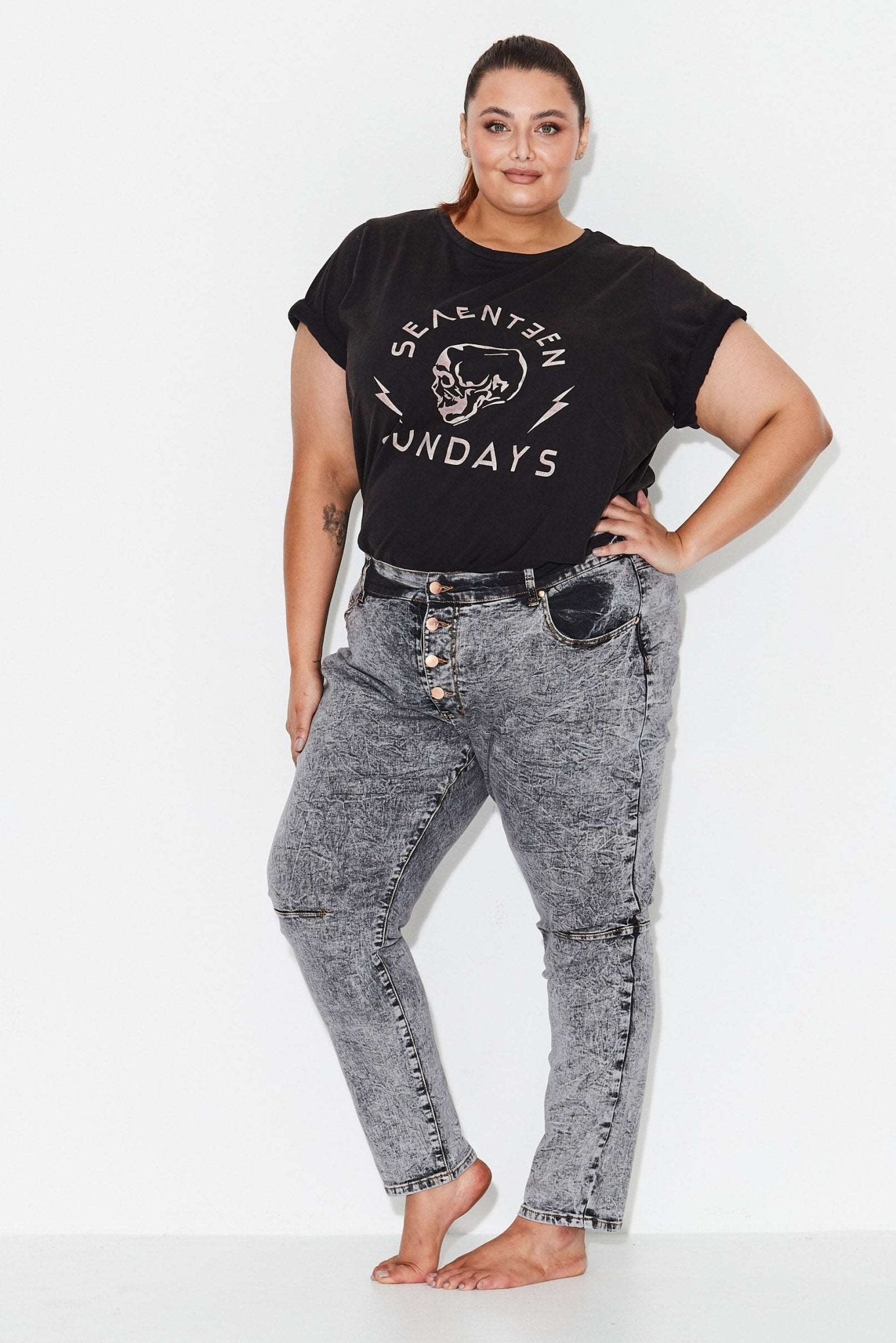 OUTSIDERS - Button Front Jeans - Grey Acid Wash - 17 Sundays17 SundaysOUTSIDERS - Button Front Jeans - Grey Acid Wash