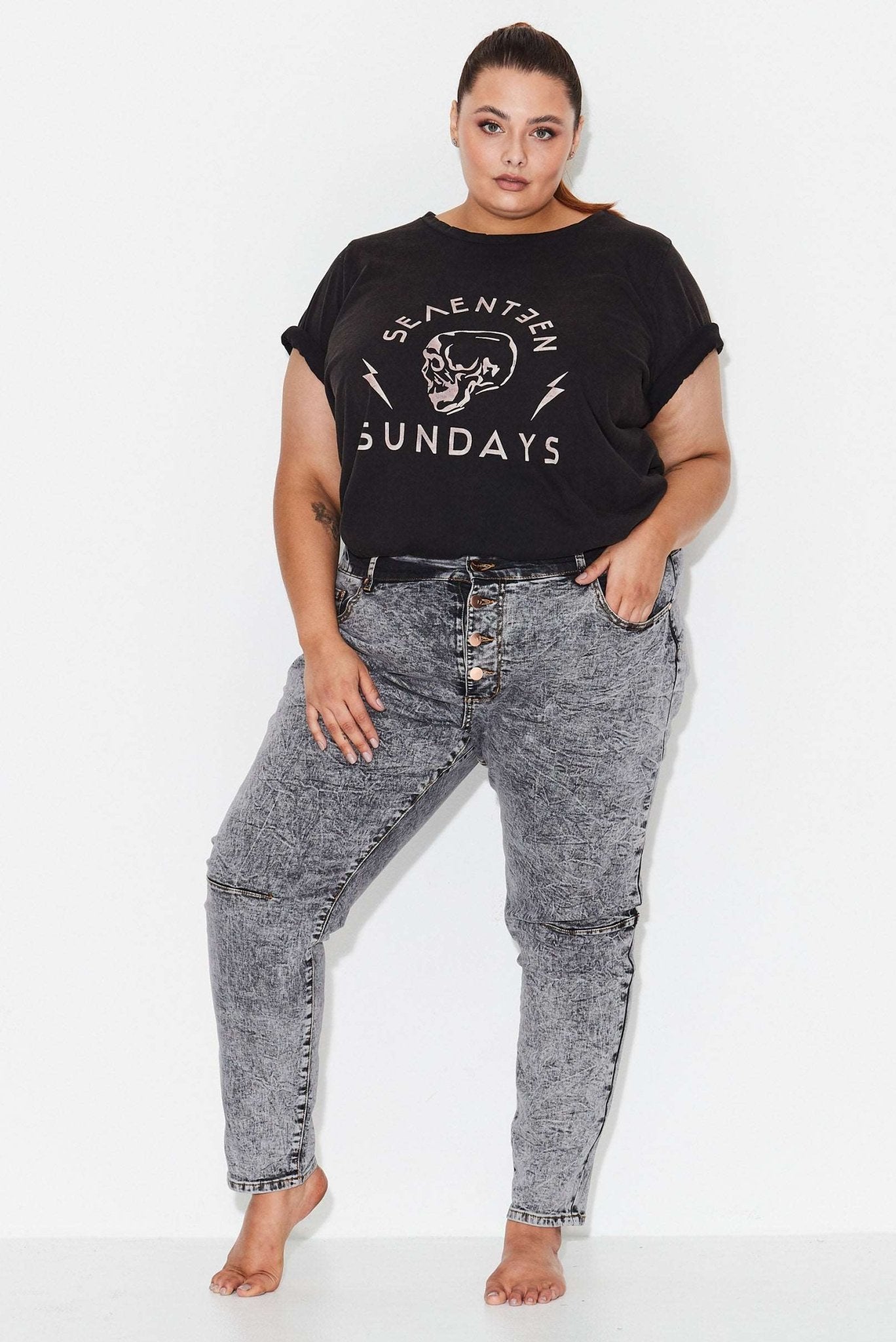 OUTSIDERS - Button Front Jeans - Grey Acid Wash - 17 Sundays17 SundaysOUTSIDERS - Button Front Jeans - Grey Acid Wash