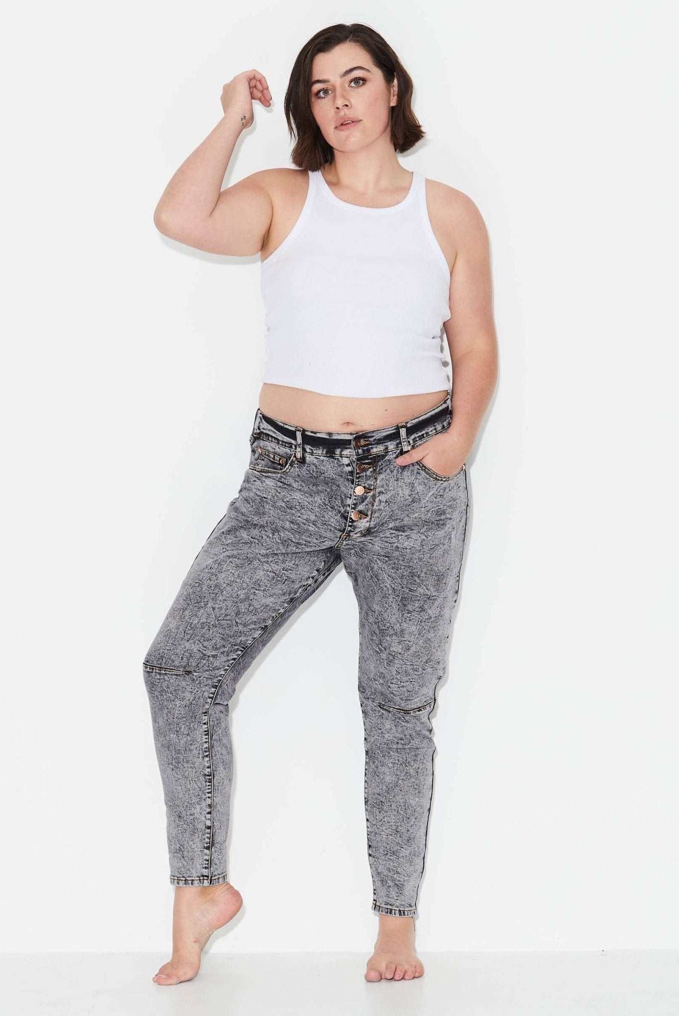 OUTSIDERS - Button Front Jeans - Grey Acid Wash - 17 Sundays17 SundaysOUTSIDERS - Button Front Jeans - Grey Acid Wash