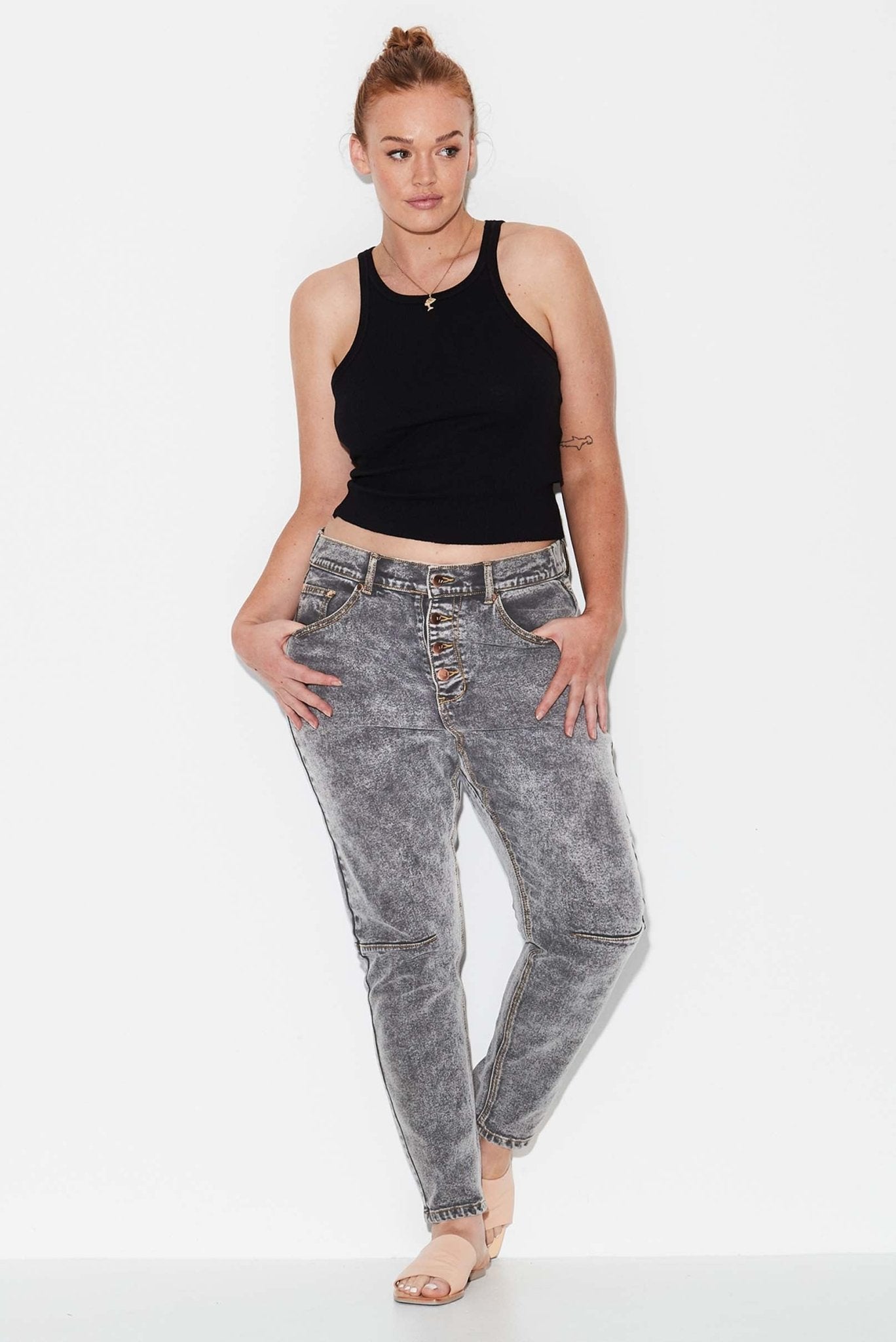 OUTSIDERS - Button Front Jeans - Grey Acid Wash - 17 Sundays17 SundaysOUTSIDERS - Button Front Jeans - Grey Acid Wash