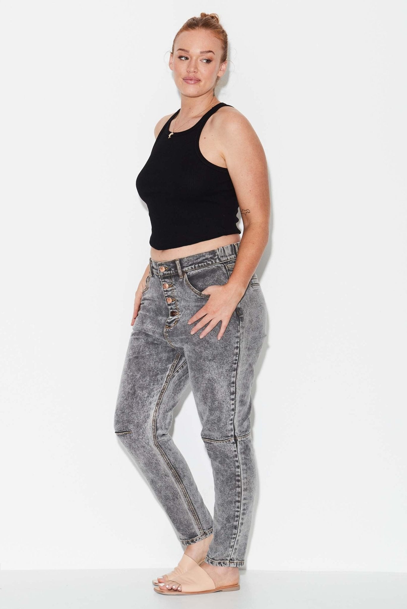 OUTSIDERS - Button Front Jeans - Grey Acid Wash - 17 Sundays17 SundaysOUTSIDERS - Button Front Jeans - Grey Acid Wash