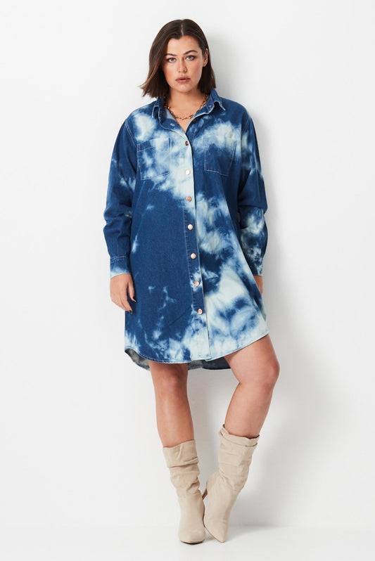 Shibori Denim Shirt Dress - Indigo Wash - 17 Sundays17 SundaysModel wears plus size shirt dress made from blue and white shibori dye denim